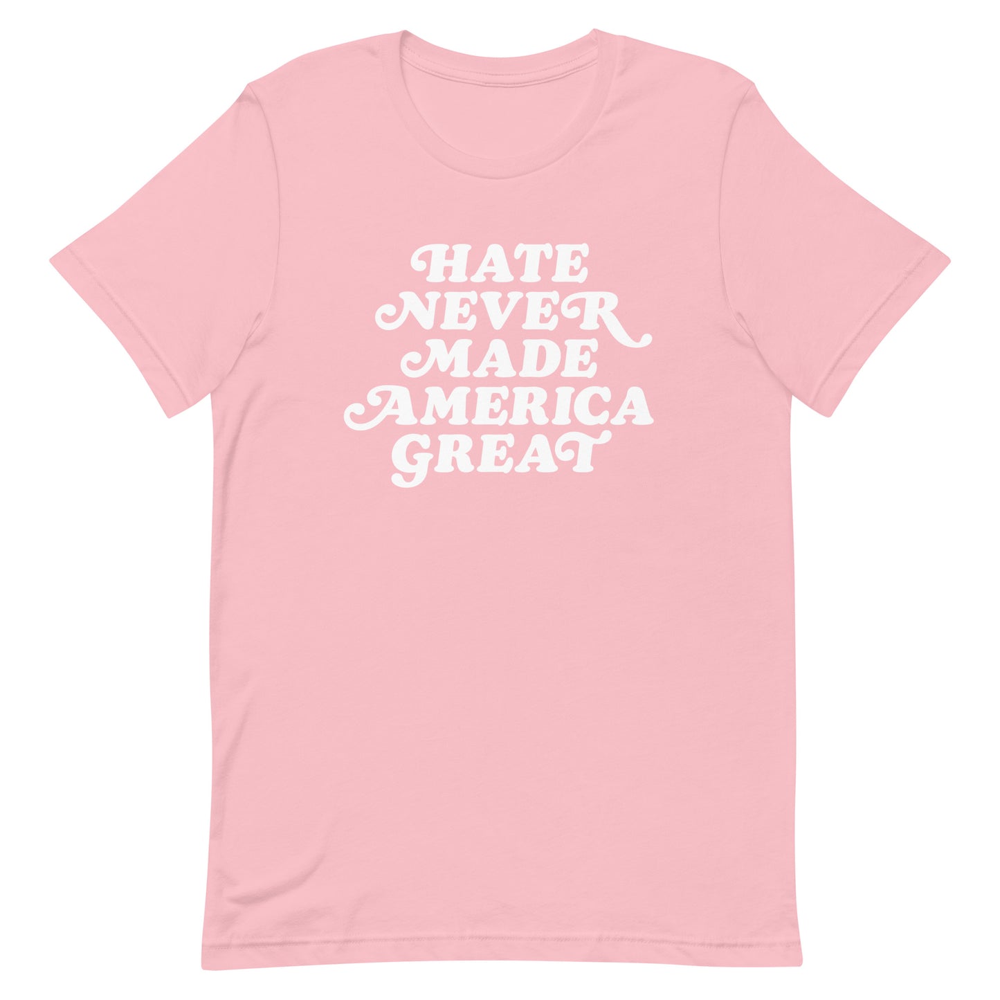 Light pink unisex t-shirt featuring retro typographic artwork in white print, centered layout, progressive graphic t-shirt.