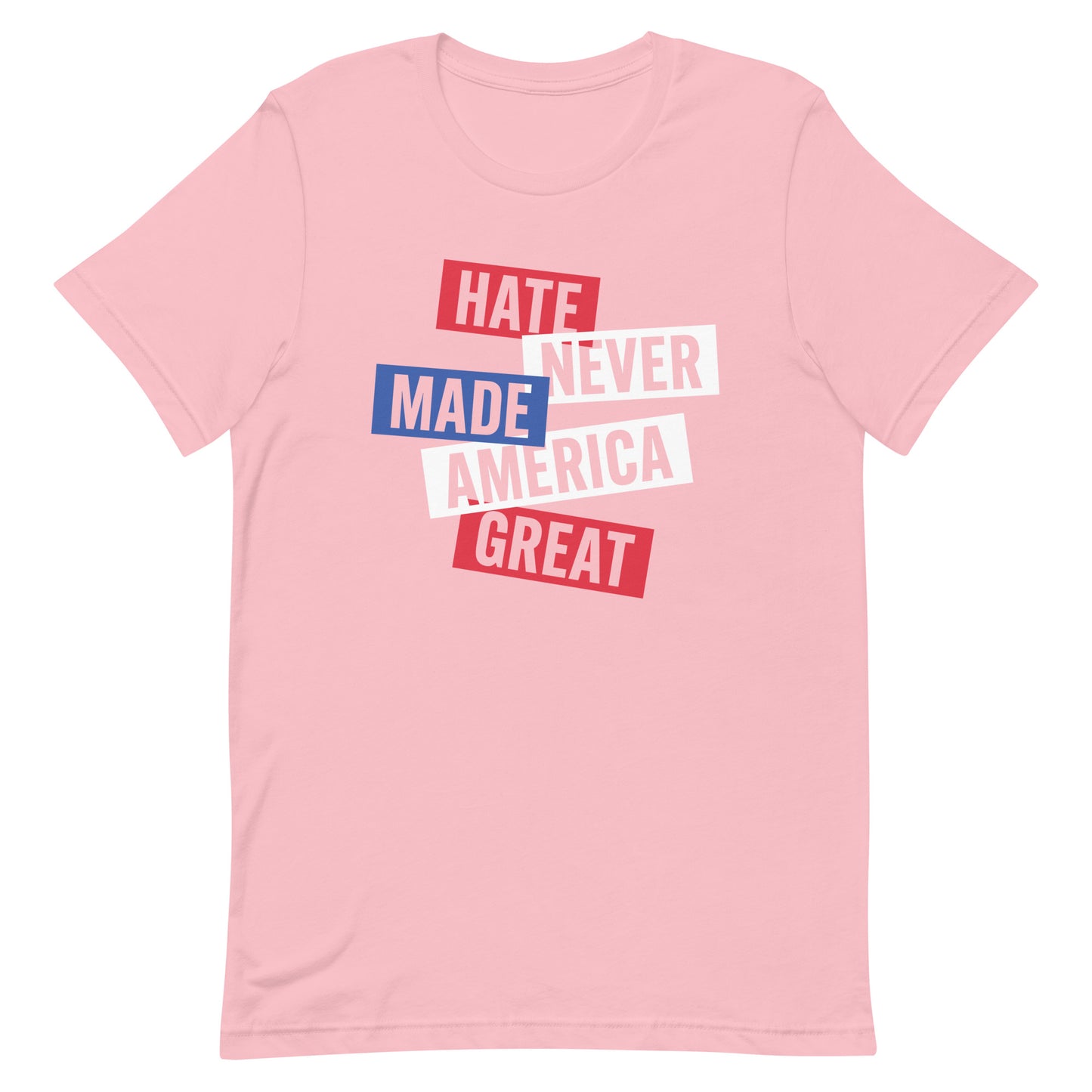 Light pink unisex t-shirt featuring stacked red, white, and blue typographic artwork, centered patriotic protest design from Blue Wave USA.
