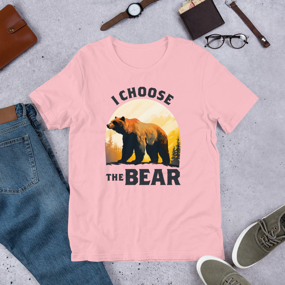 Flat Lay Image: Flat view of the unisex T-shirt showcasing the bear in the mountains design.