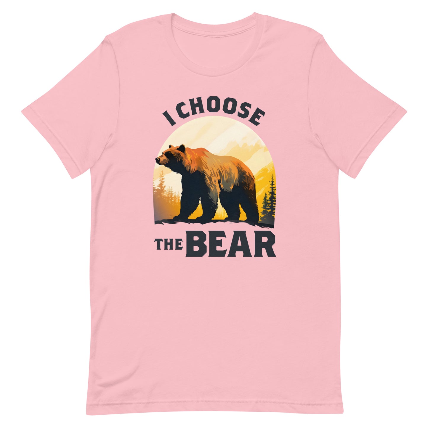 Front View Image: I Choose The Bear unisex T-shirt with a bold bear and mountain illustration.