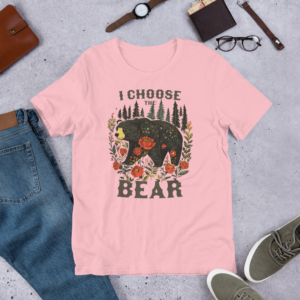 Flat Lay Image: I Choose The Bear unisex T-shirt laid flat with hand-drawn bear design surrounded by flowers.