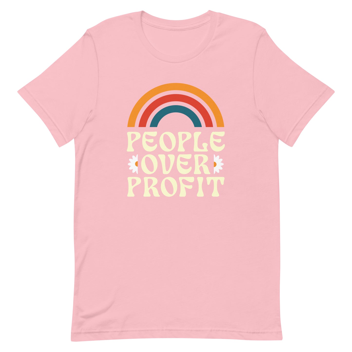Front view of People Over Profit Economic justice Anti-Capitalism T-shirt with retro rainbow design and anti-capitalism message.