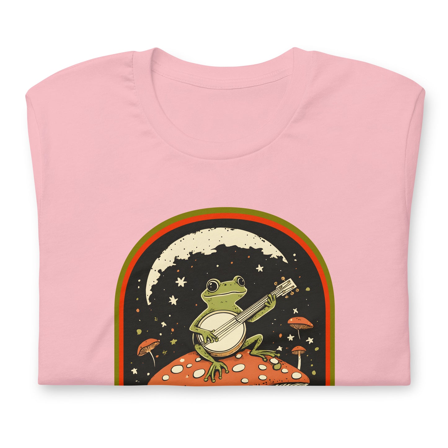 Close-up of cute frog playing banjo on a mushroom with anti-capitalist text.