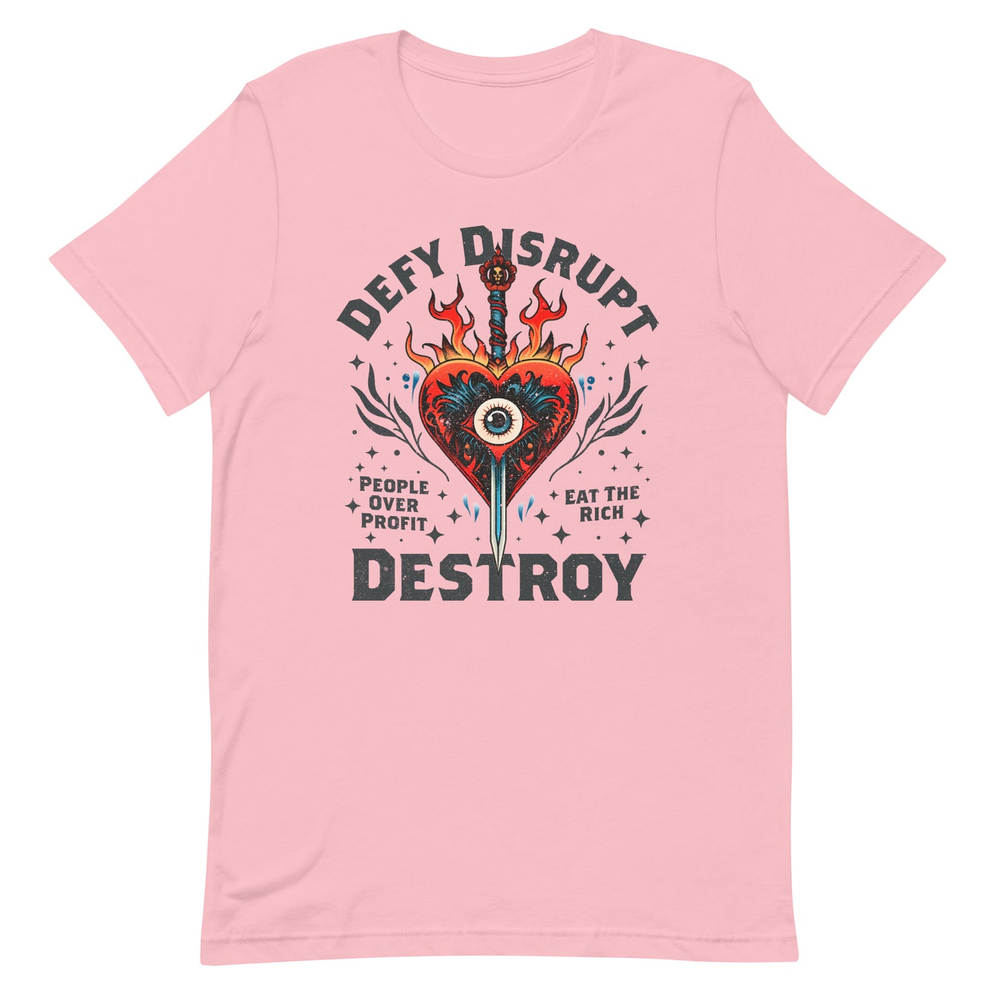 Front View Image: Eat The Rich Anti-Capitalism T-shirt with tattoo-inspired evil heart design, fire, and dagger on a plain background