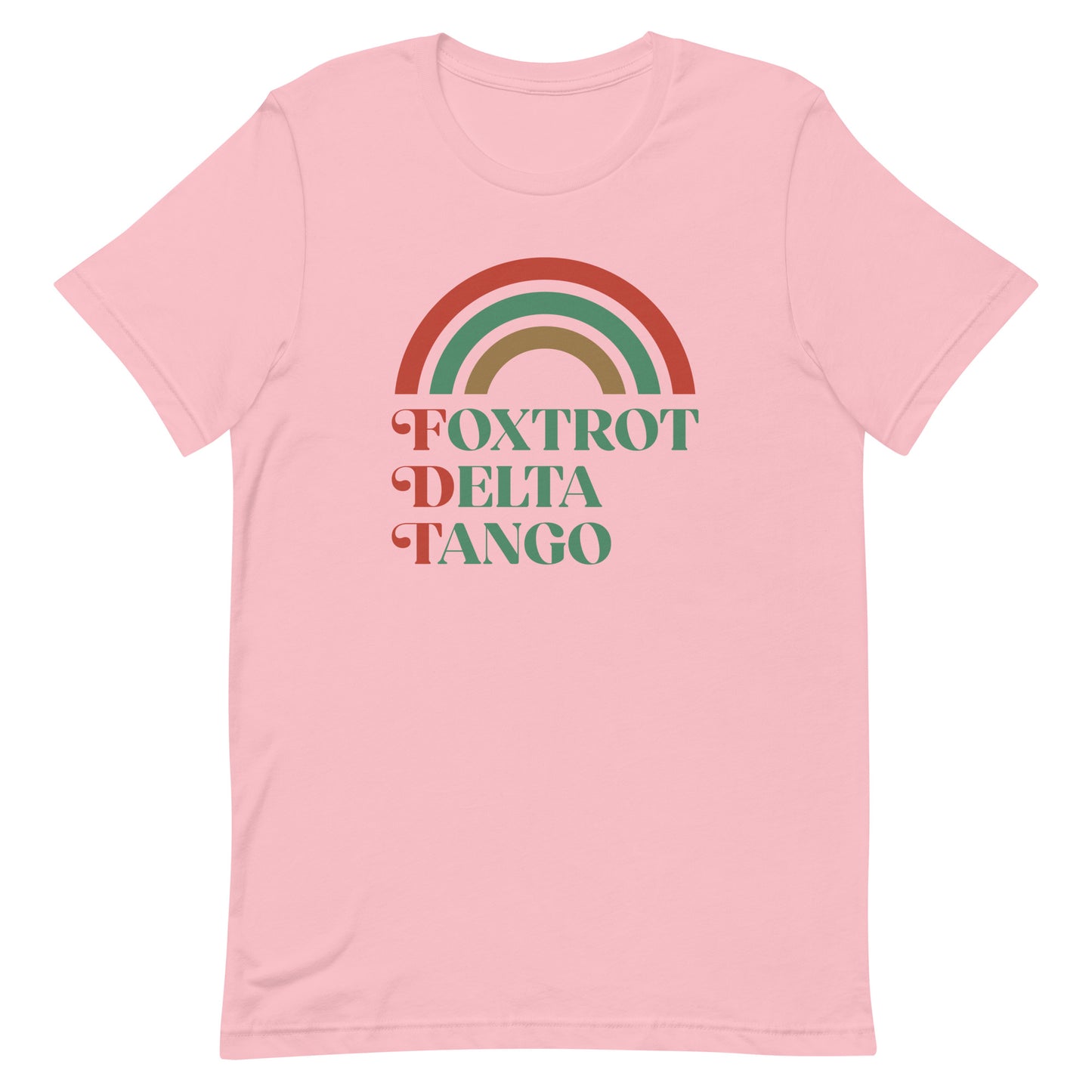 Front view of the Foxtrot Delta Tango Anti-Trump Christmas T-Shirt featuring a festive rainbow design.