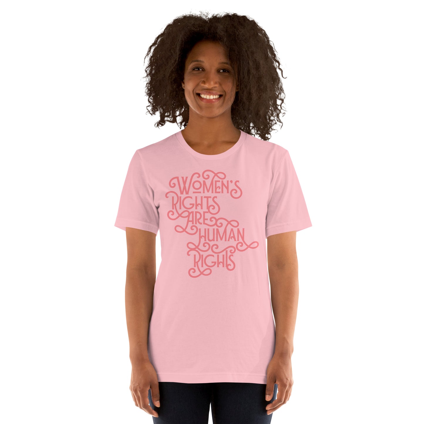 A model confidently wearing the feminist activism T-shirt at a protest or in everyday life.