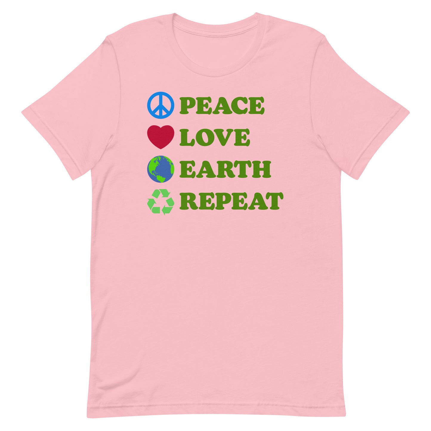 Front View Image: Peace Love Earth Repeat t-shirt displayed flat with full front graphic