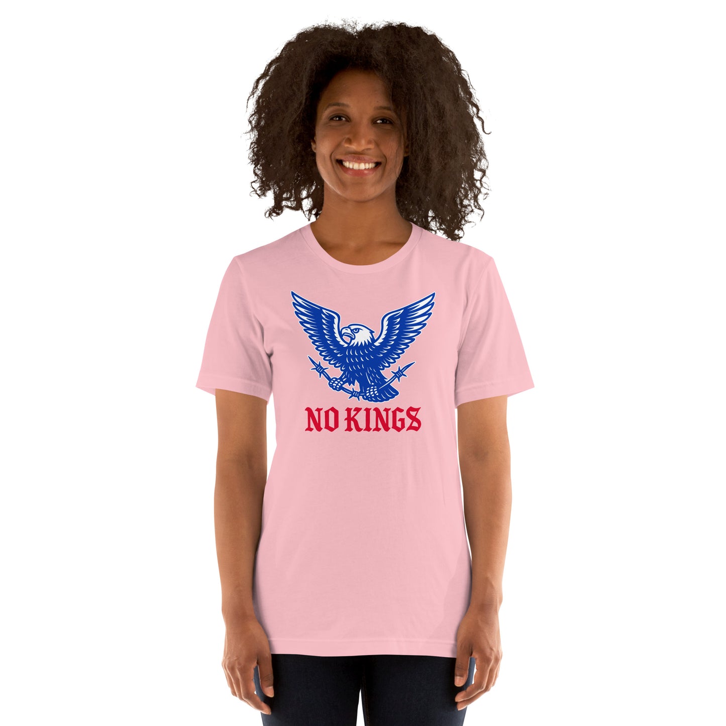 Female protester wearing the "No Kings In America" Anti-Trump Patriotic Eagle Graphic Unisex T-Shirt