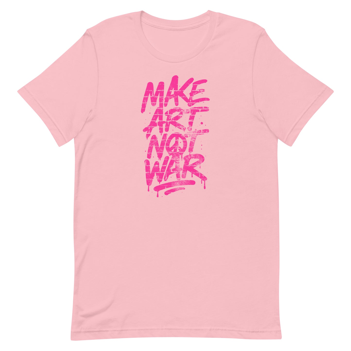 Front View Image: Front view of Make Art Not War graffiti protest t-shirt with bold pink spray-paint lettering
