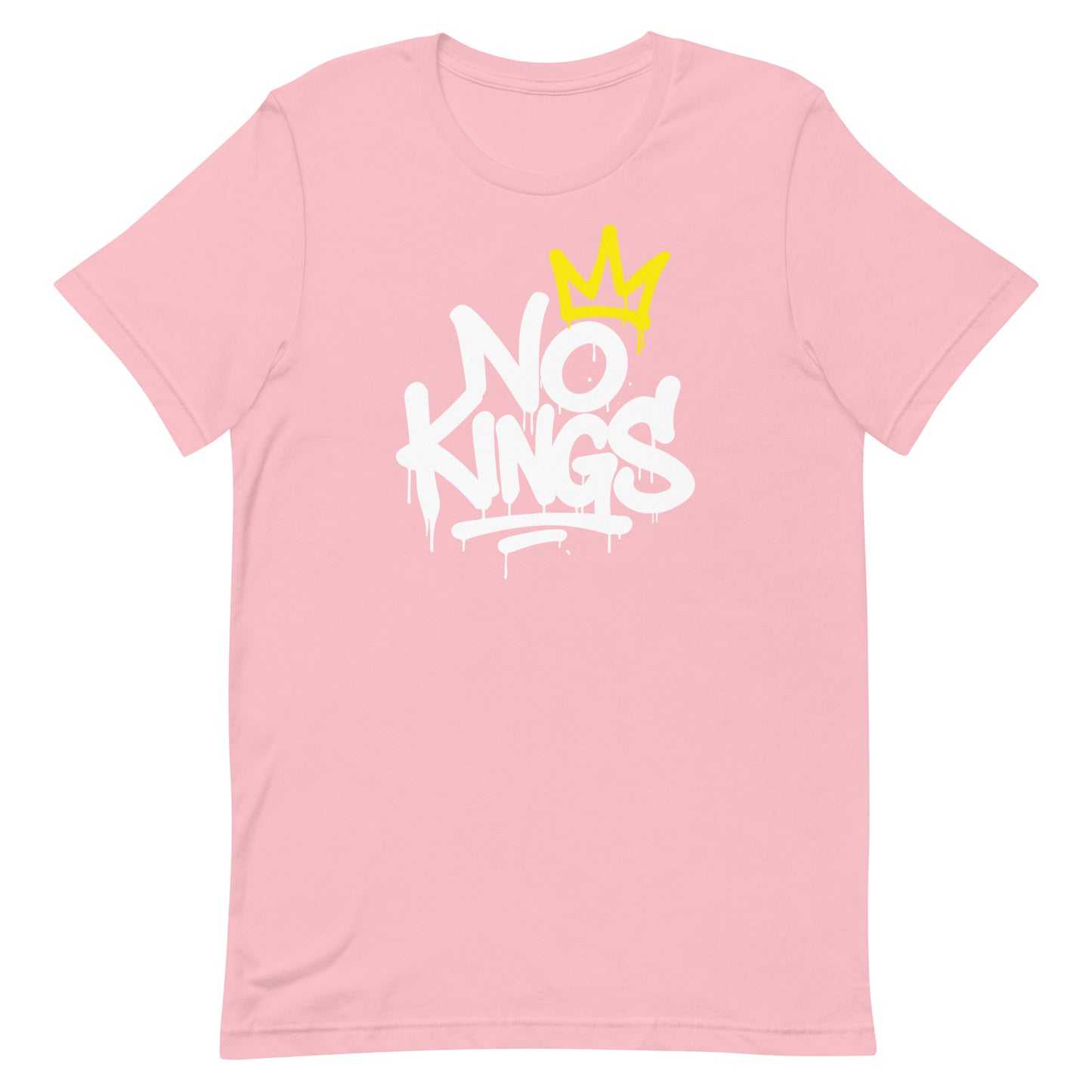 Soft pink t-shirt featuring the “No Kings” graffiti design with bright yellow crown and white lettering.