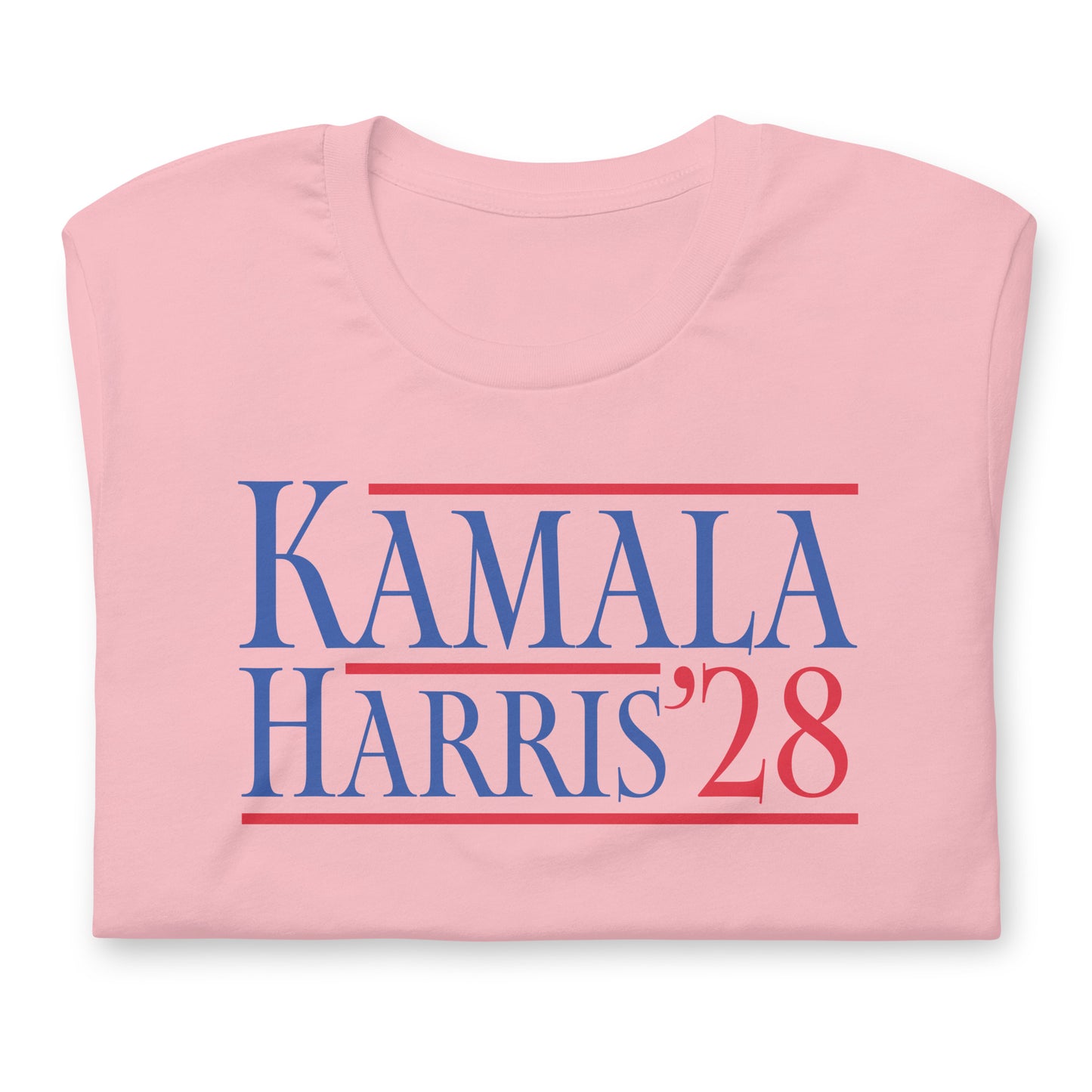 Close-Up of Design: Close-up of “Kamala Harris ’28” text with underline bars in campaign typeface