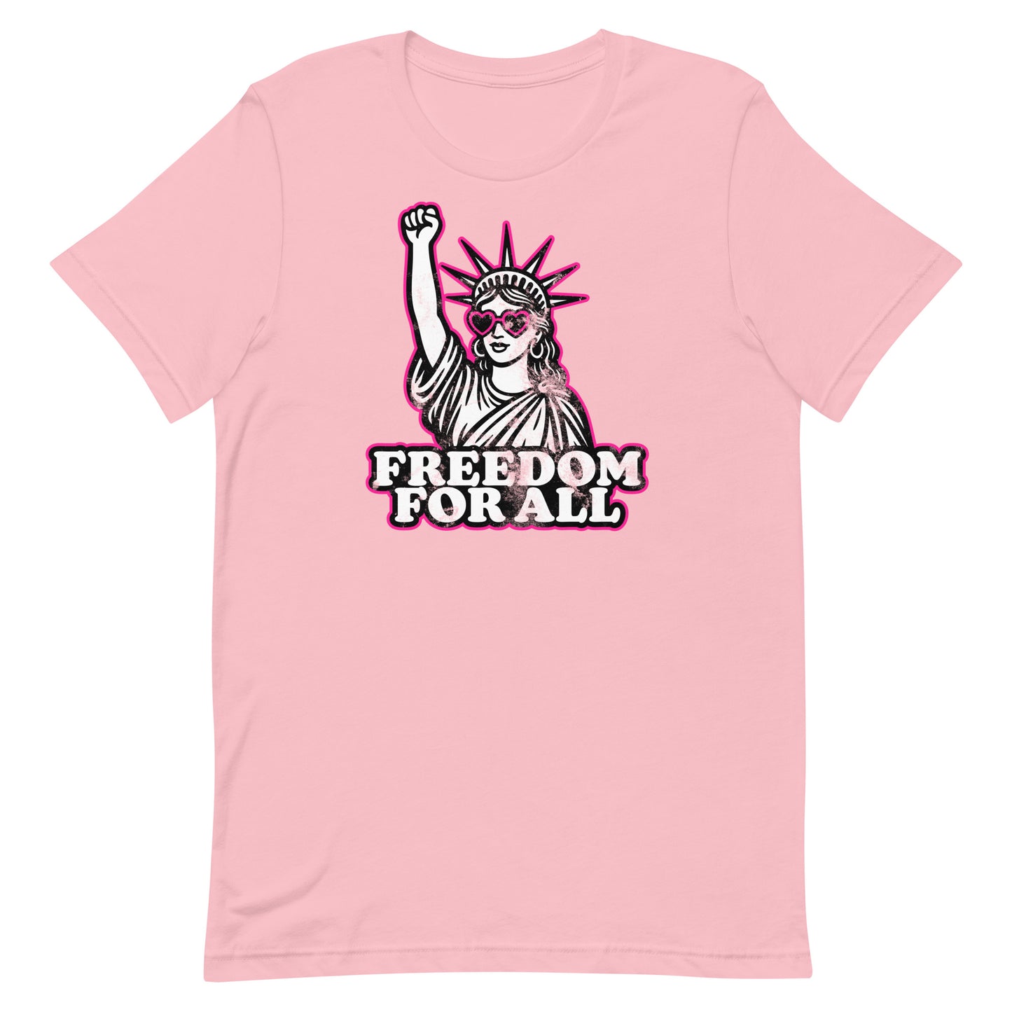 Front View Image: Front view of Freedom For All t-shirt with pink heart sunglasses and raised fist Statue of Liberty