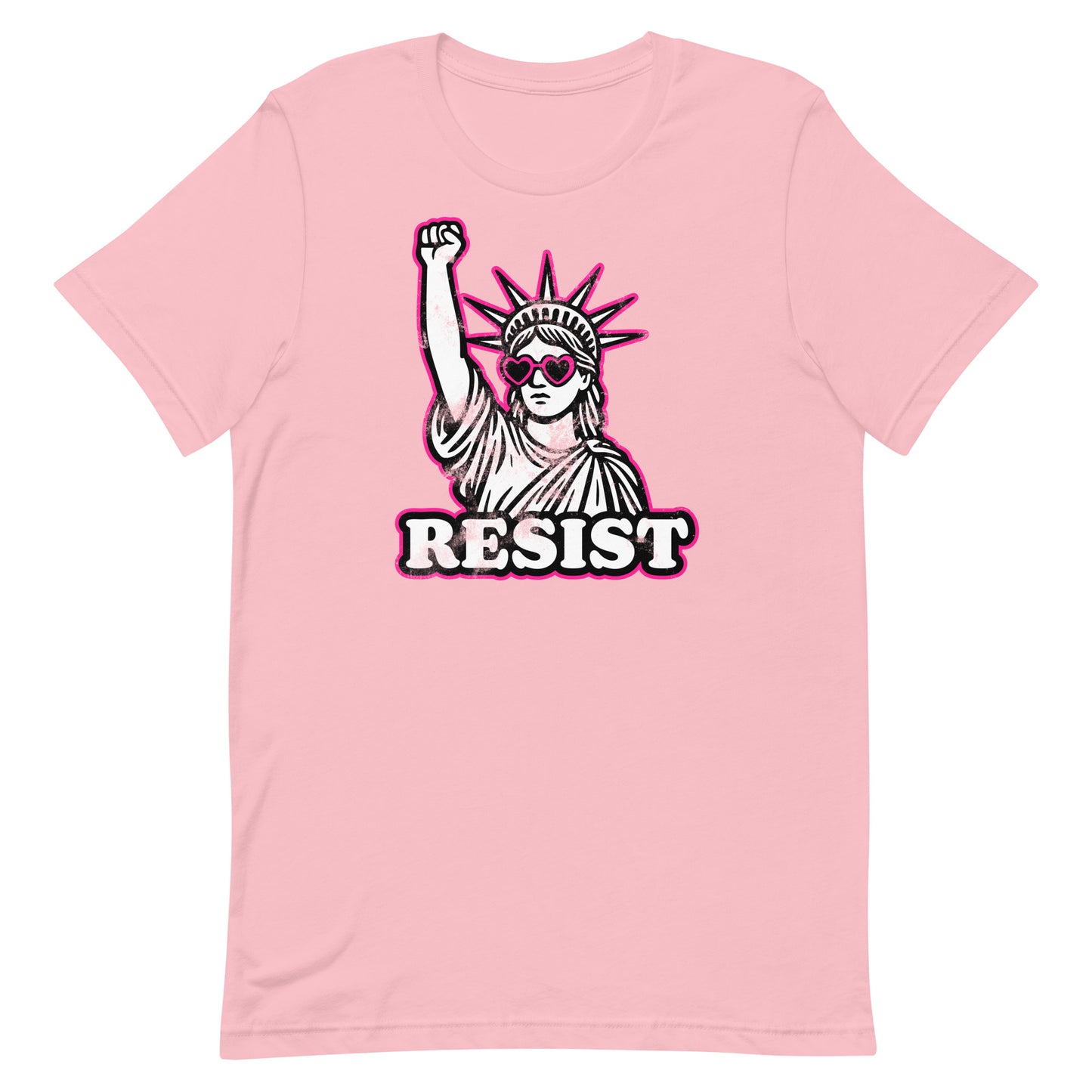 Front View Image: Front view of RESIST feminist t-shirt with raised fist Statue of Liberty and pink heart sunglasses