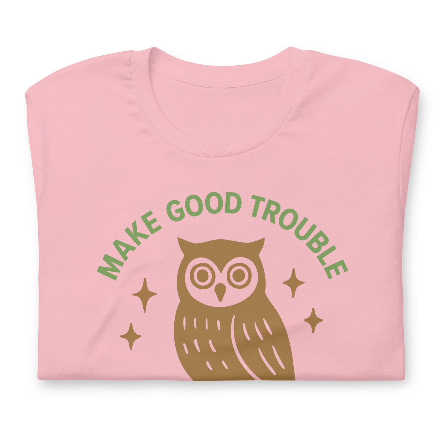 Close-Up of Design: Close-up of wise owl graphic with sparkles and activist quote in green text