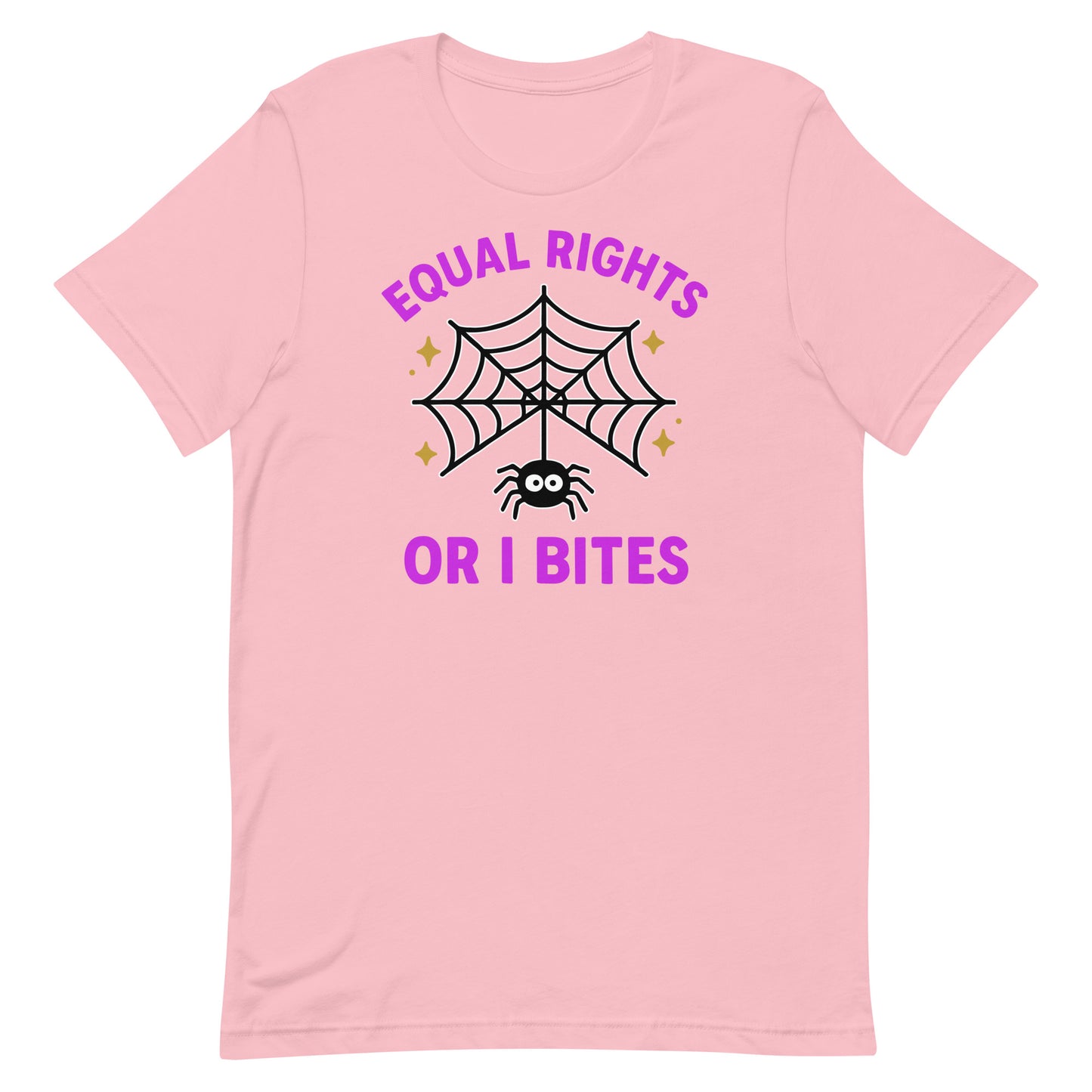 Pink “Equal Rights or I Bites” Halloween shirt with web and spider, feminist activism tee.