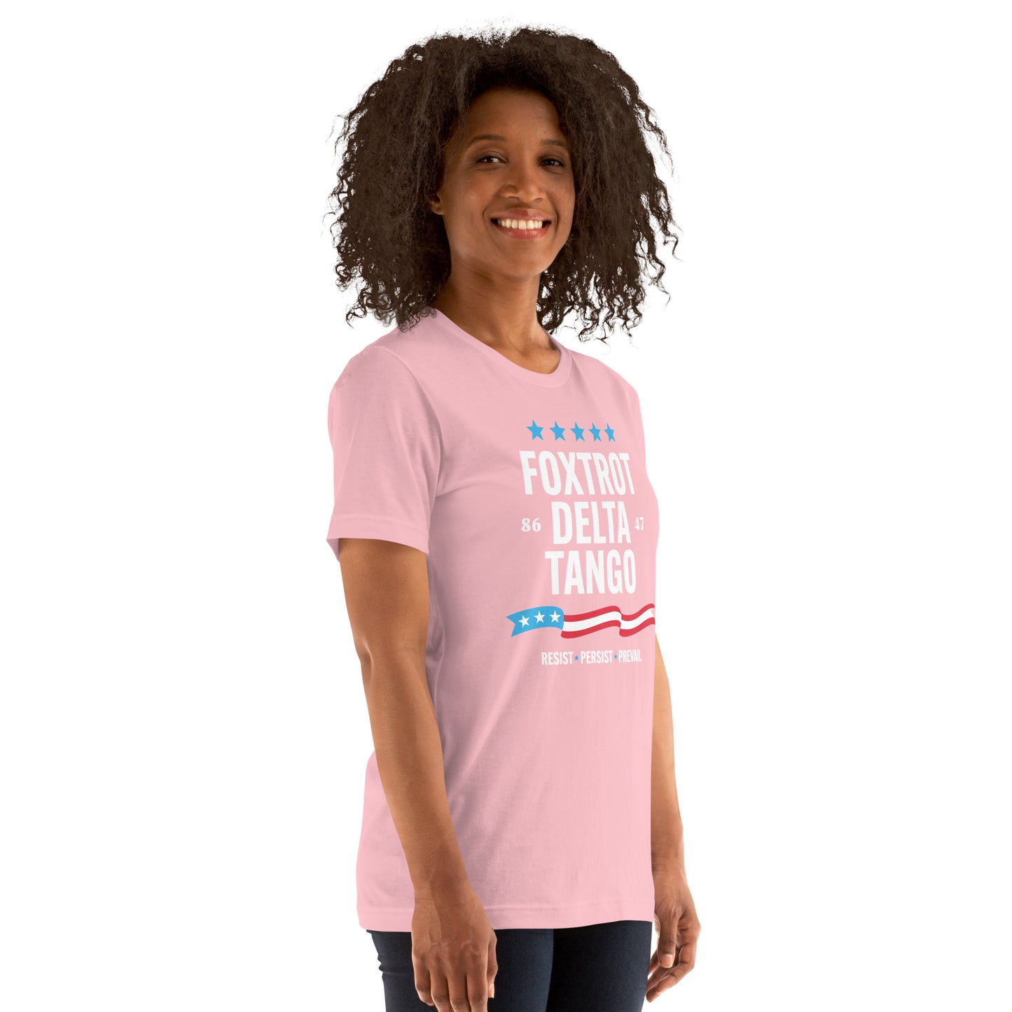 Lifestyle Image: woman wearing FDT Anti-Trump T-Shirt in a casual setting.