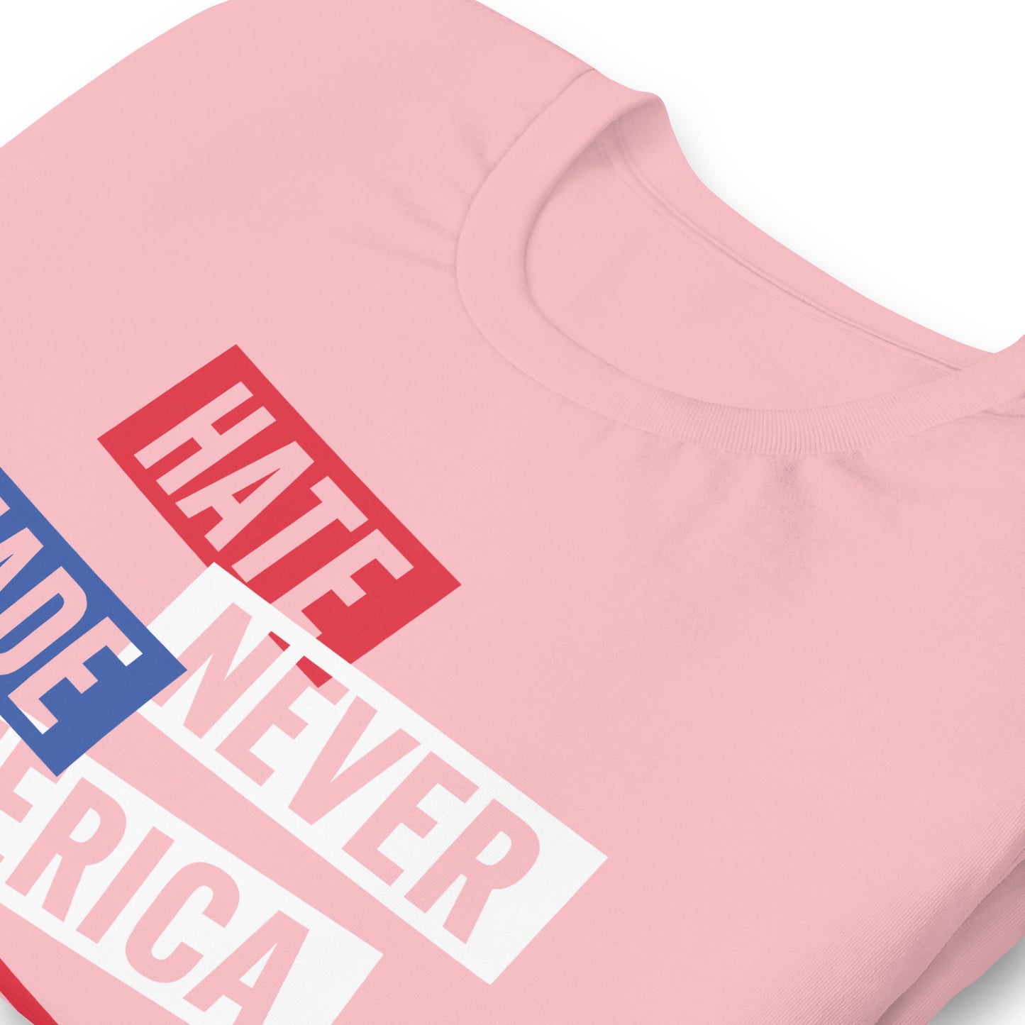 Close-up of the 'Hate Never Made America Great' design, showcasing sharp typography and impactful messaging.