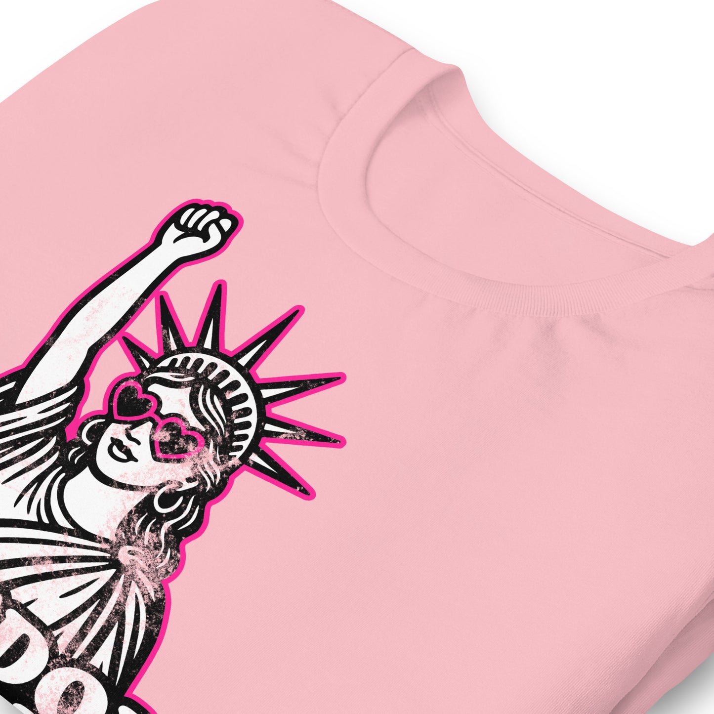 Close-Up of Design: Close-up of feminist Liberty graphic with distressed Freedom For All lettering - pink