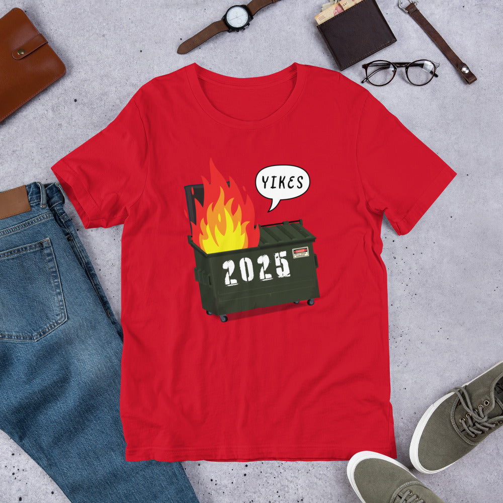 Flat lay of the t-shirt displaying the witty and eye-catching 2025 Trump Dumpster Fire design