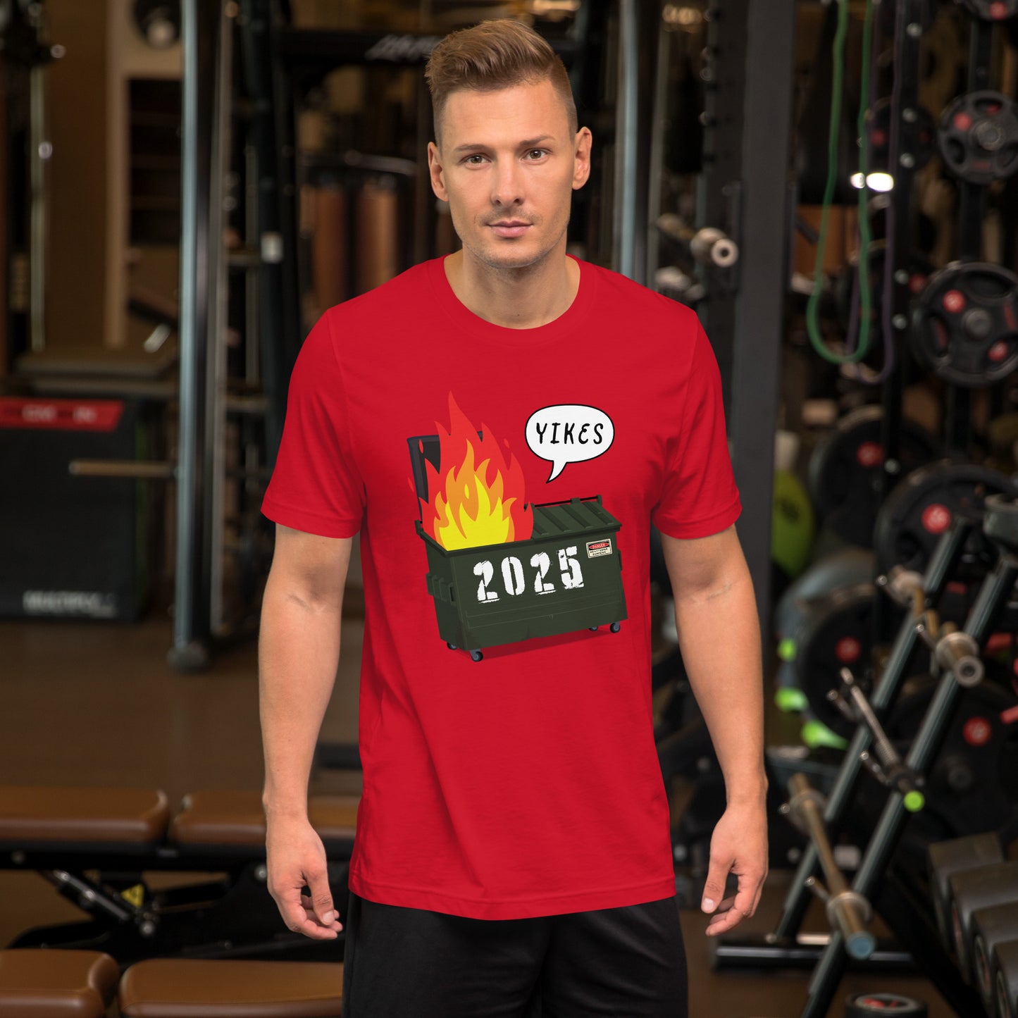 Model wearing the 2025 Trump Dumpster Fire t-shirt, showcasing its bold political statement.
