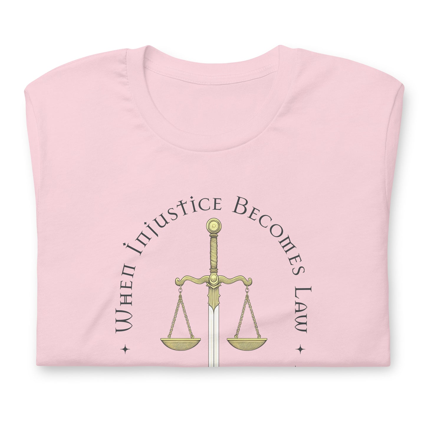 Close-up of the scales and sword of justice design on the t-shirt.