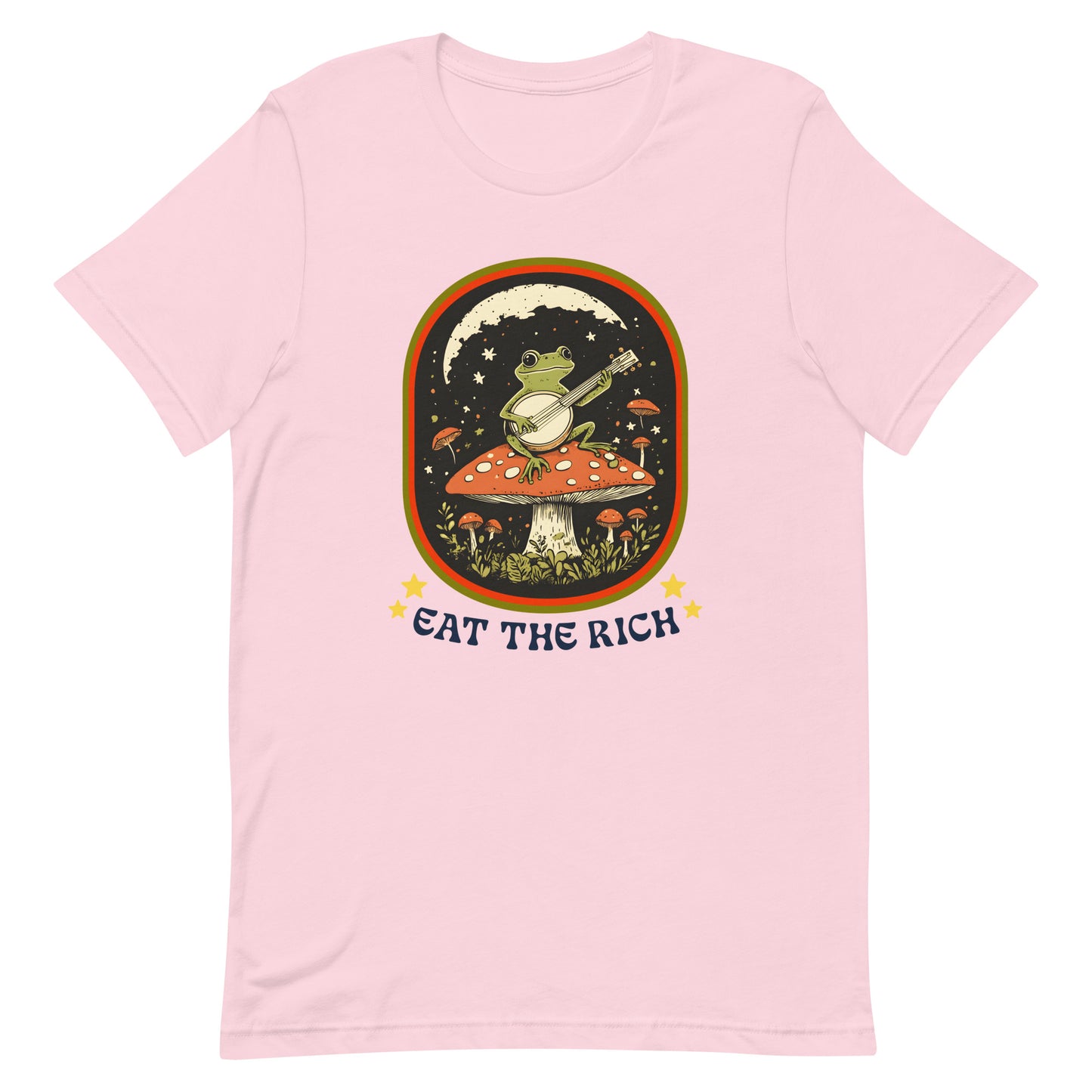 Front view of Eat The Rich Anti-Capitalism Unisex T-Shirt with retro frog design.