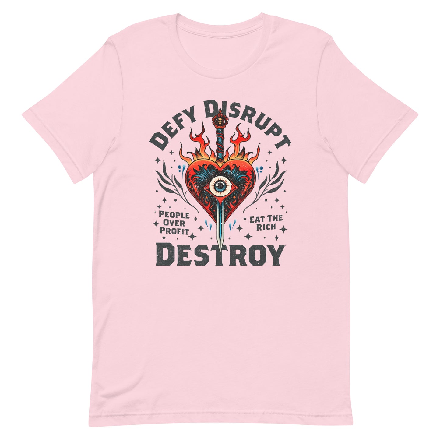 Front View Image: Eat The Rich Anti-Capitalism T-shirt with tattoo-inspired evil heart design, fire, and dagger on a plain background