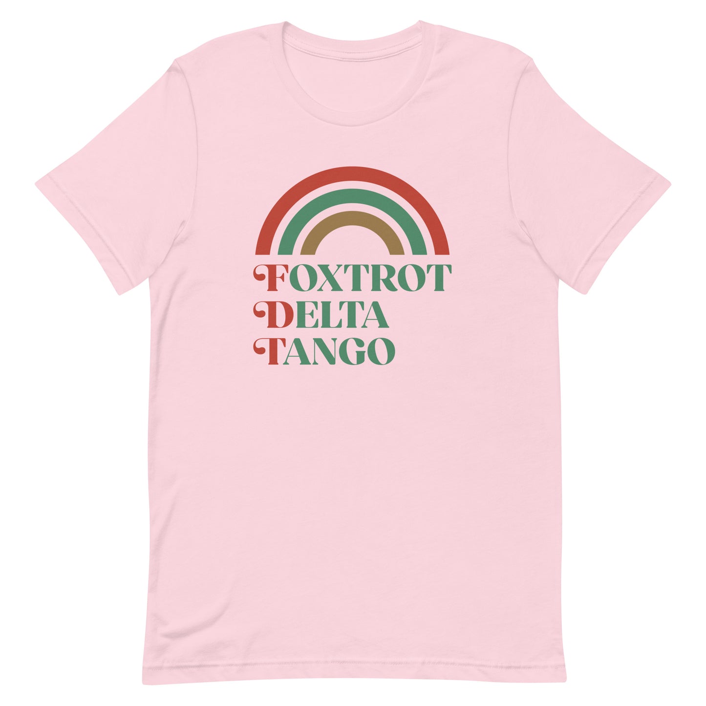 Front view of the Foxtrot Delta Tango Anti-Trump Christmas T-Shirt featuring a festive rainbow design.