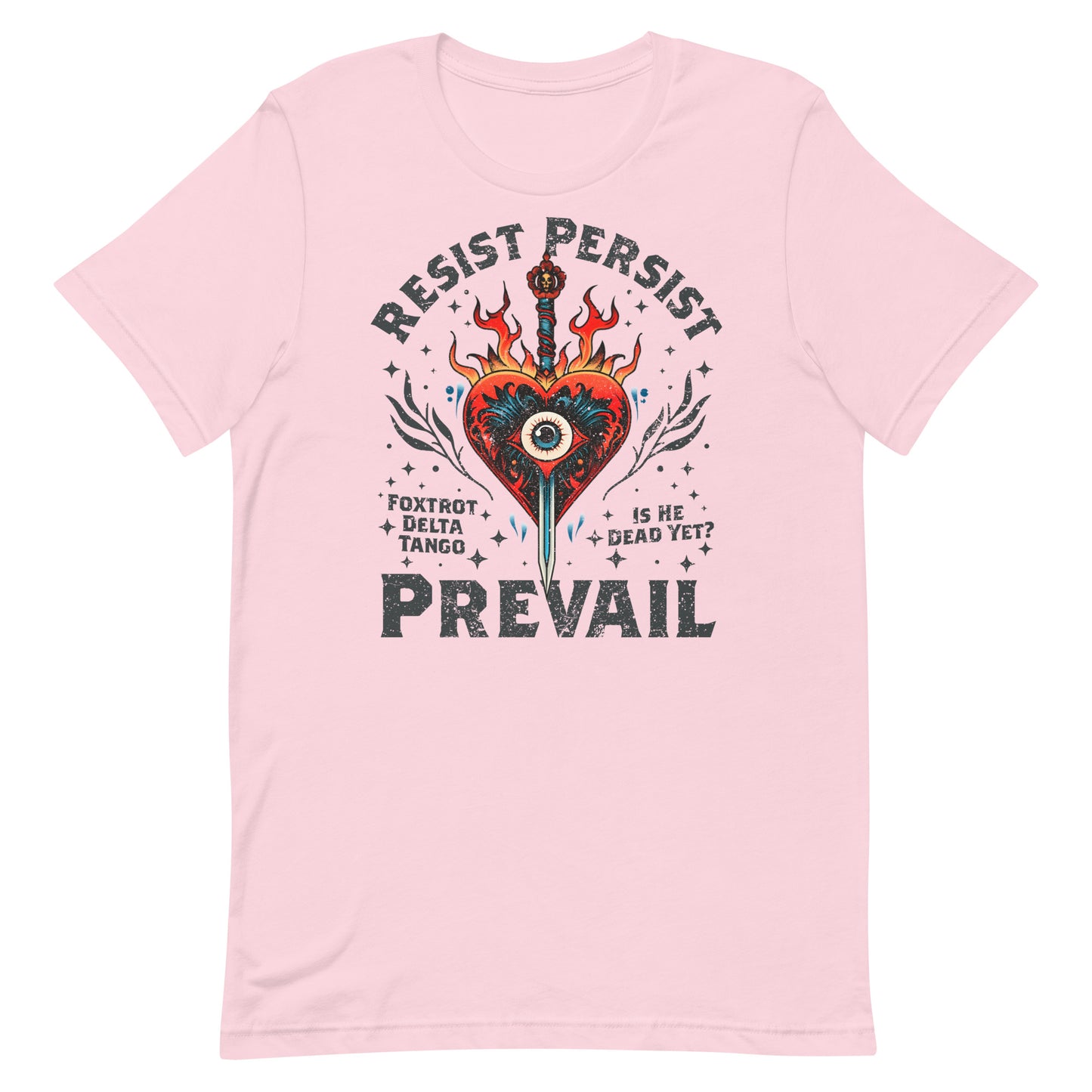 Full front view of The Ultimate FDT Anti-Trump T-Shirt featuring the fiery evil heart design.