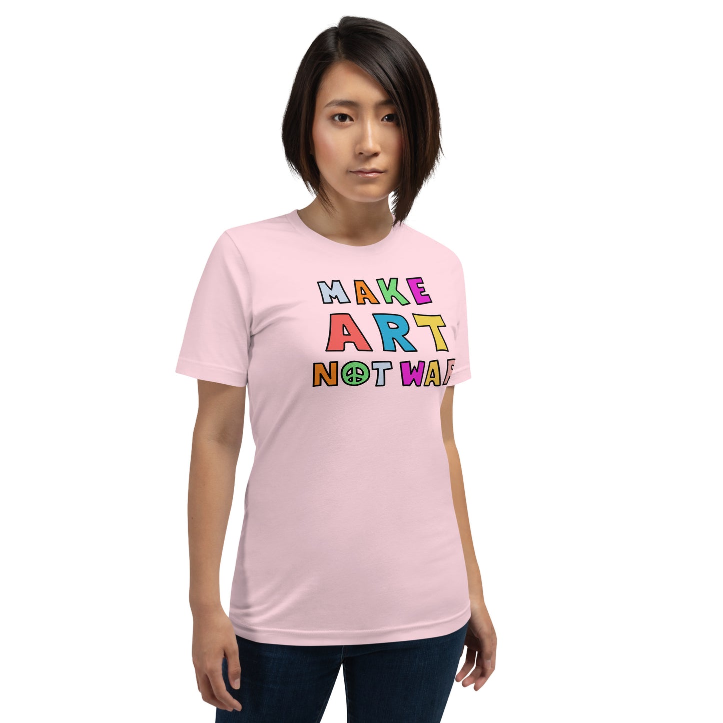 Lifestyle Image: Woman wearing the Make Art Not War tee at a peaceful protest or artistic setting