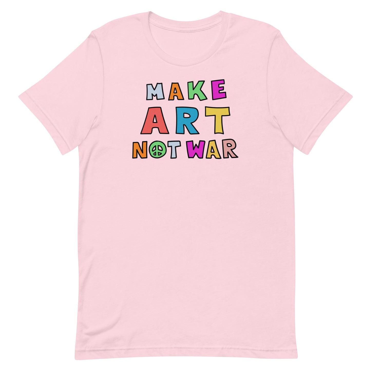 Front View Image: Make Art Not War unisex t-shirt displayed front-on, showcasing the anti-war graphic