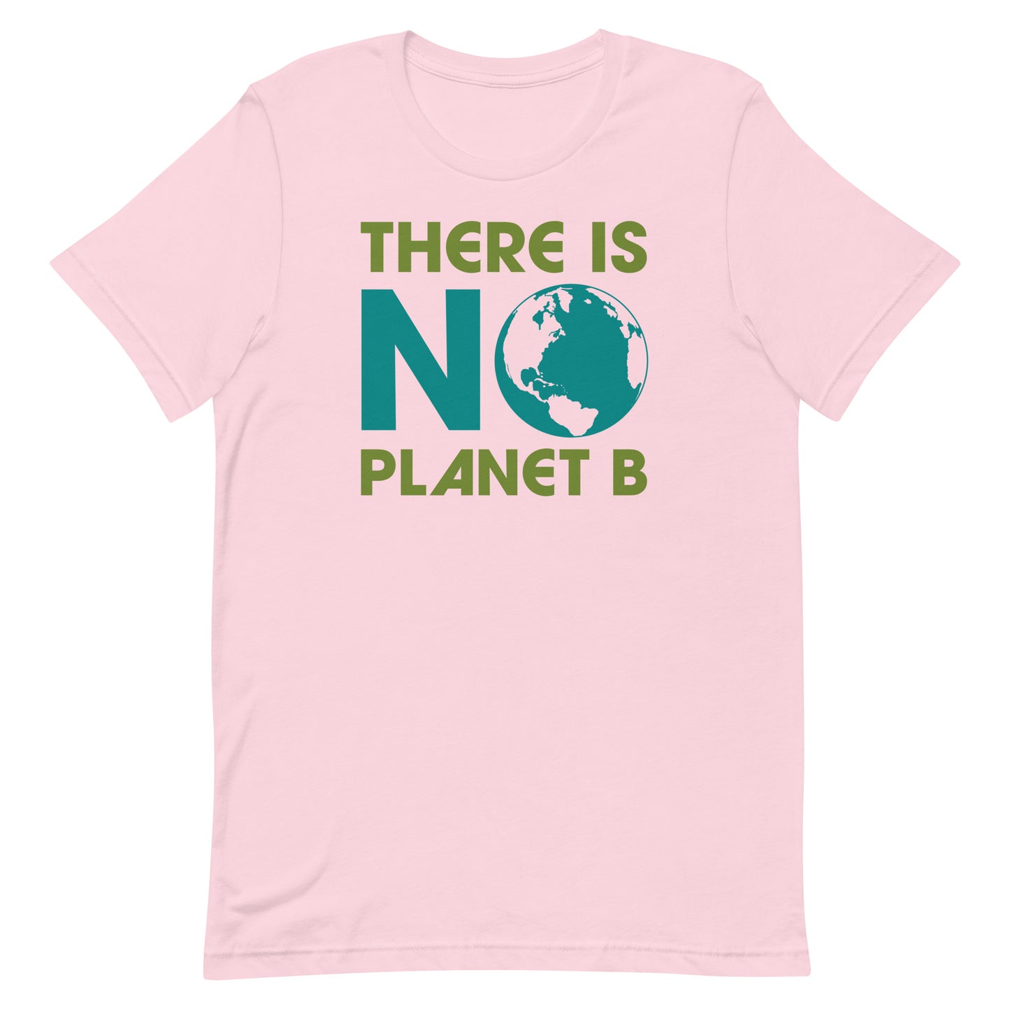 Pastel pink “There Is No Planet B” environmental activist t-shirt with globe and green lettering.