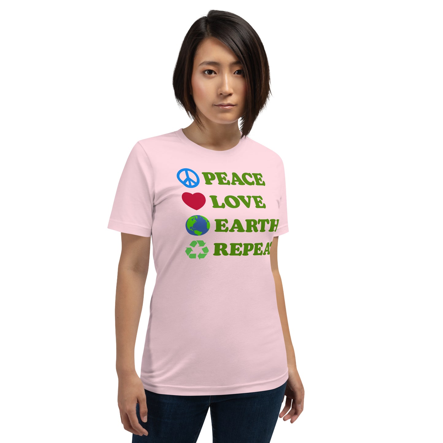 Lifestyle Image: Woman wearing the Peace Love Earth Repeat t-shirt