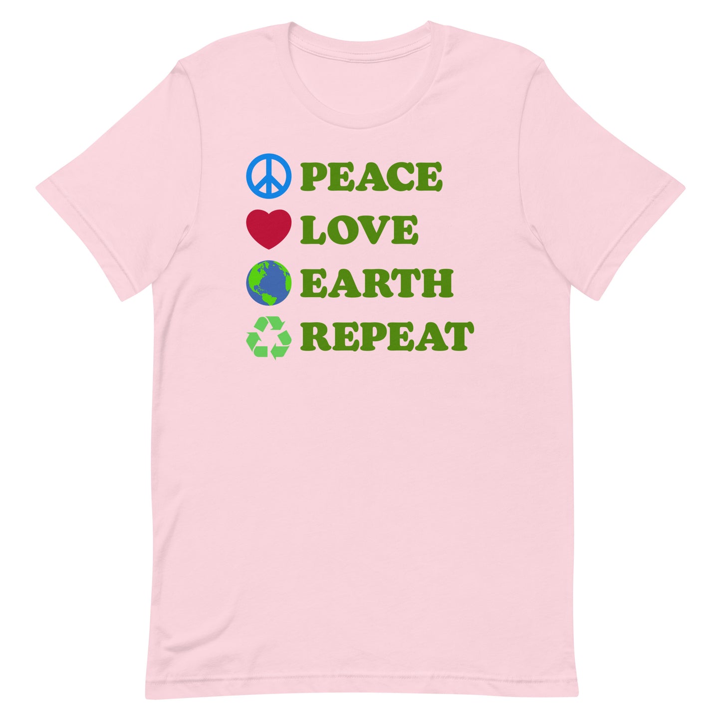 Front View Image: Peace Love Earth Repeat t-shirt displayed flat with full front graphic