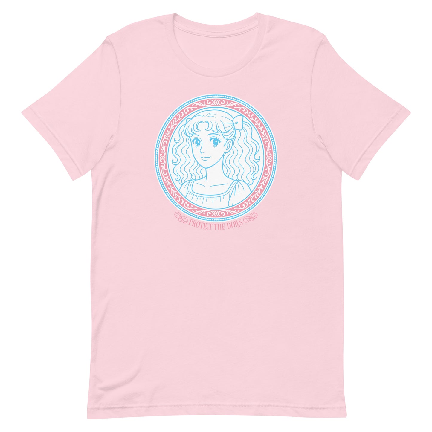 Front View Image: Protect The Dolls t-shirt with trans pride anime-style graphic