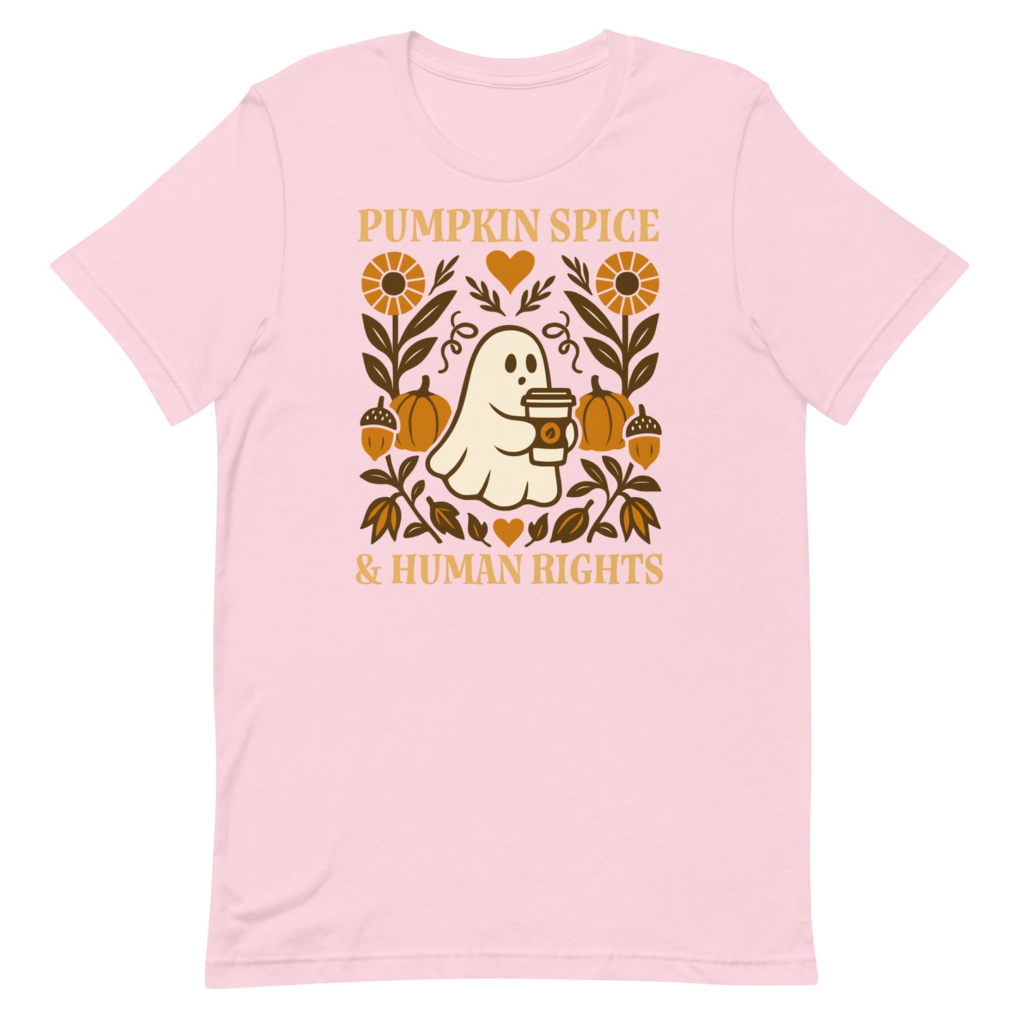 Light pink “Pumpkin Spice & Human Rights” t-shirt with folk-style floral ghost design, autumn progressive vibe.