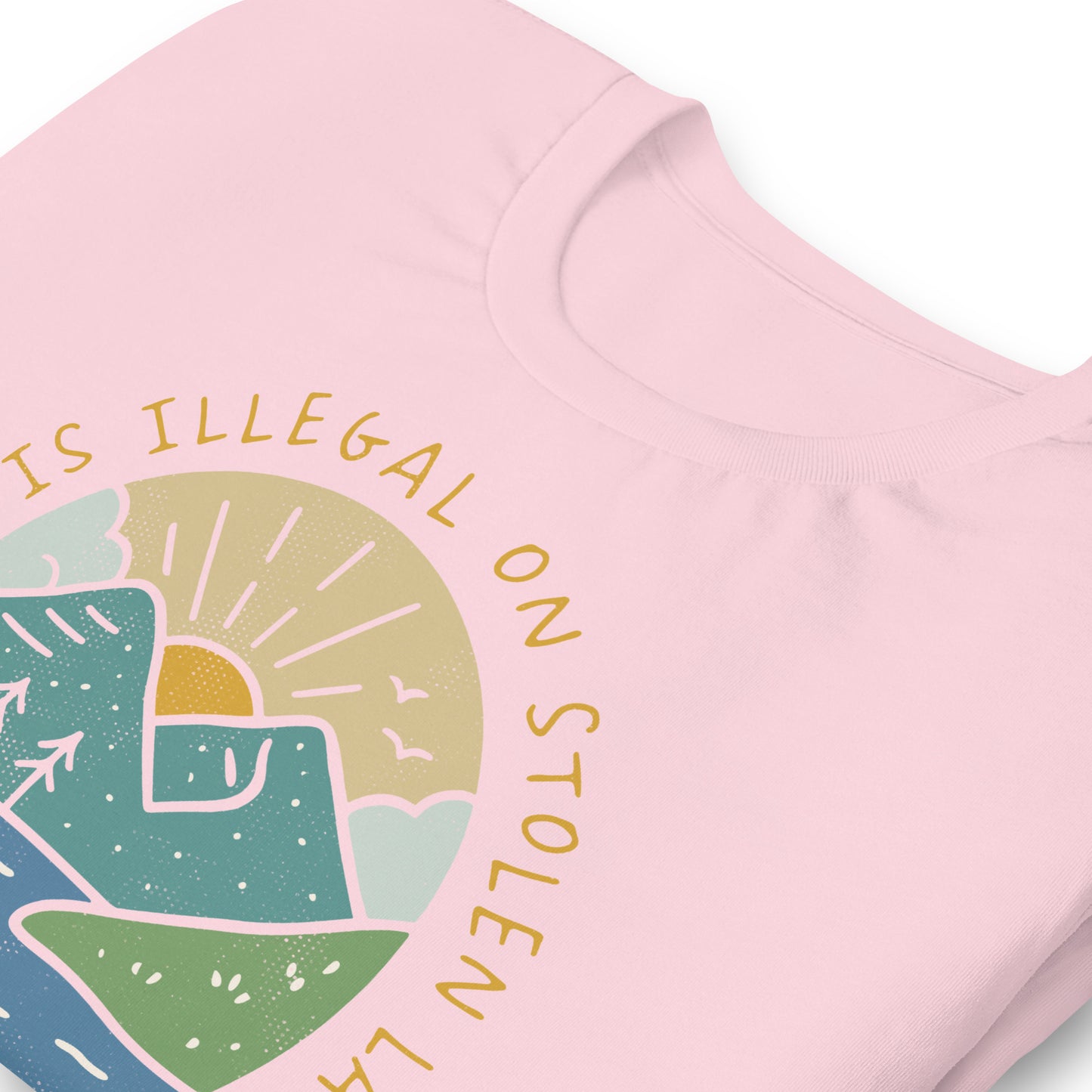 Close-Up of Design: Close-up of sunrise over mountains graphic with Indigenous land acknowledgment quote - Soft Pink