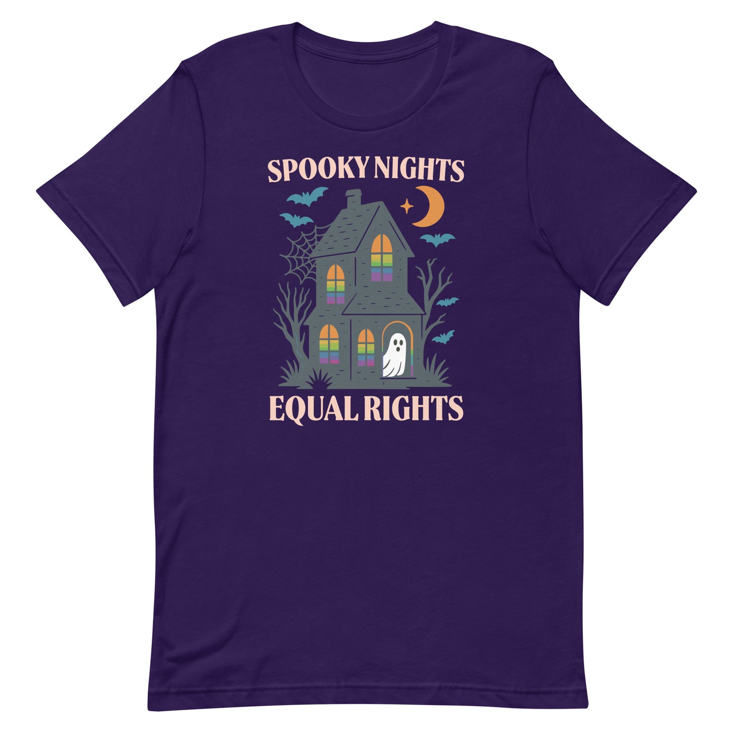 Purple “Spooky Nights Equal Rights” Halloween LGBTQ+ pride t-shirt with haunted house and spooky ghost design.
