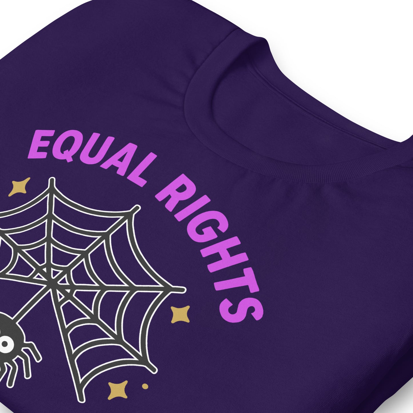 Close-up of “Equal Rights or I Bites” web and spider design with purple text and golden stars, spooky-cute progressive Halloween shirt.