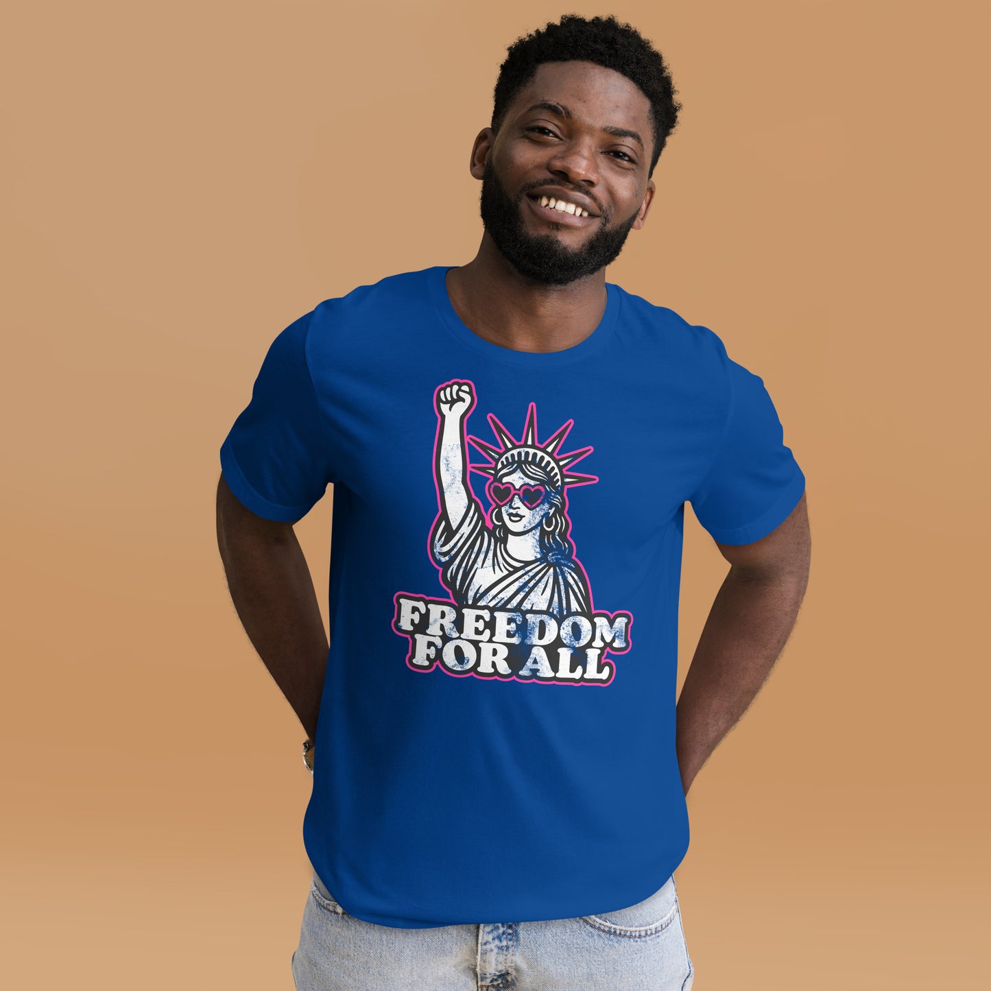 Lifestyle Image: Black male protester wearing Freedom For All protest tee - royal blue