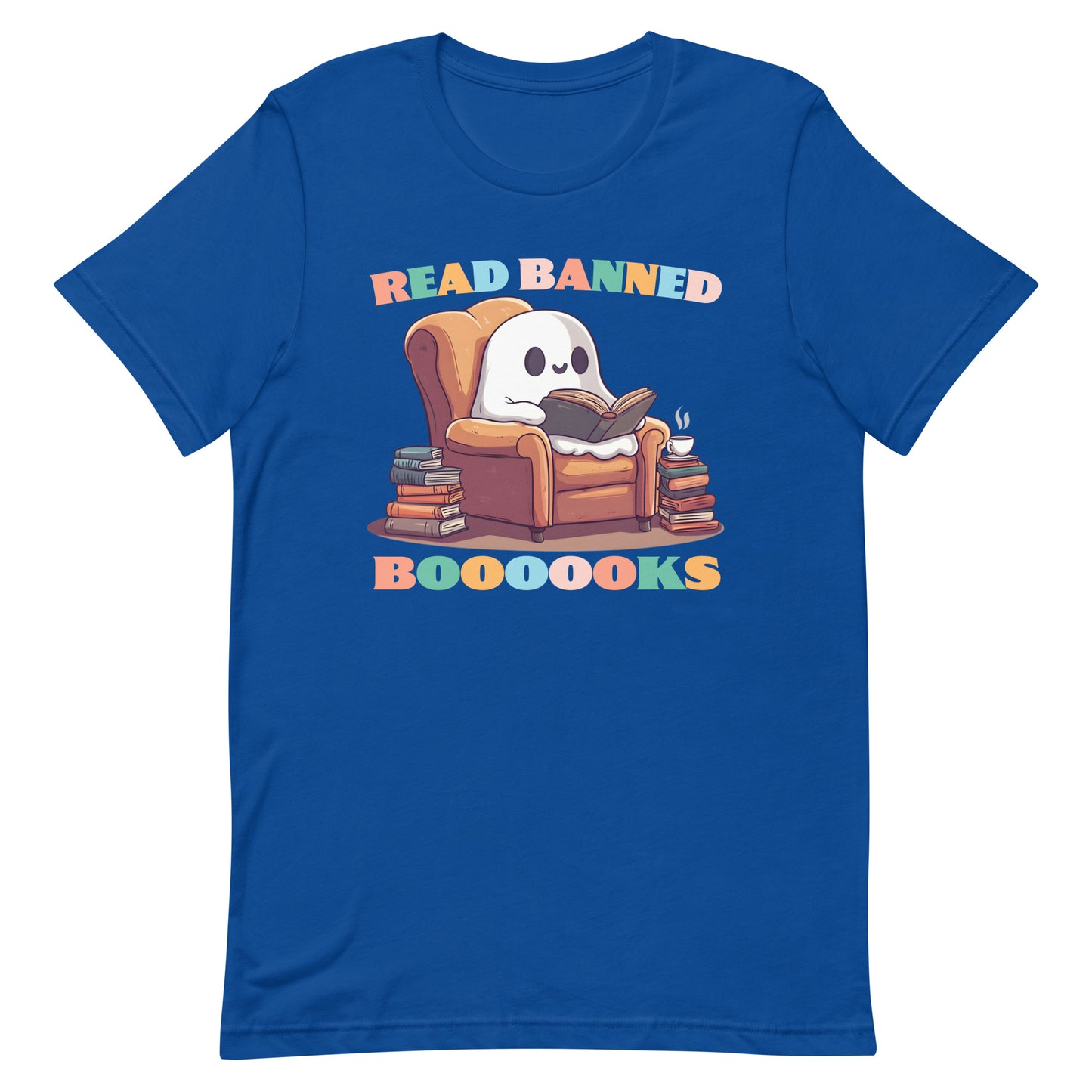 Front view of the "Read Banned Boooooks" Ghost T-Shirt featuring a cute ghost with books.