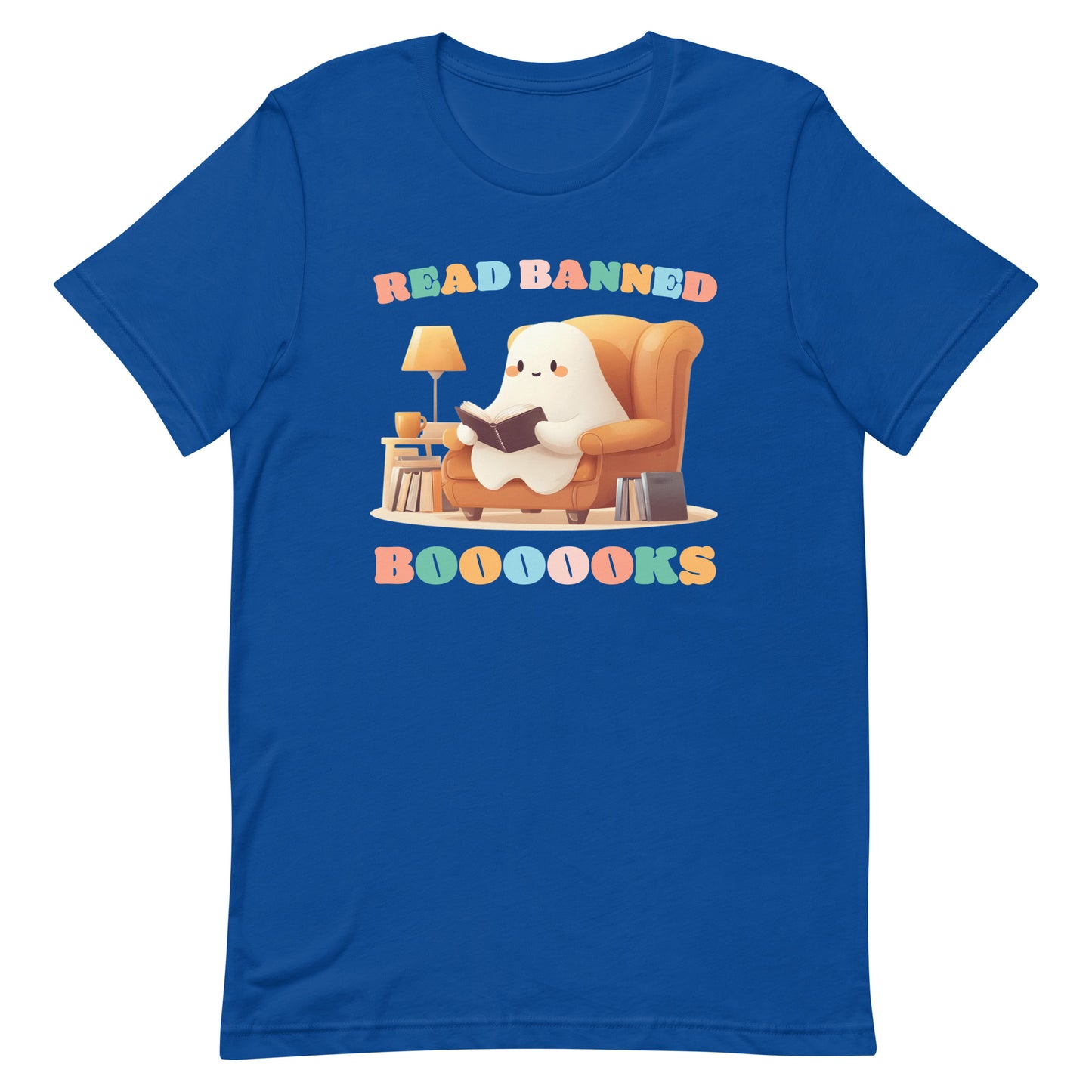 Front view of the "Read Banned Boooooks" T-Shirt featuring a cute ghost reading books.
