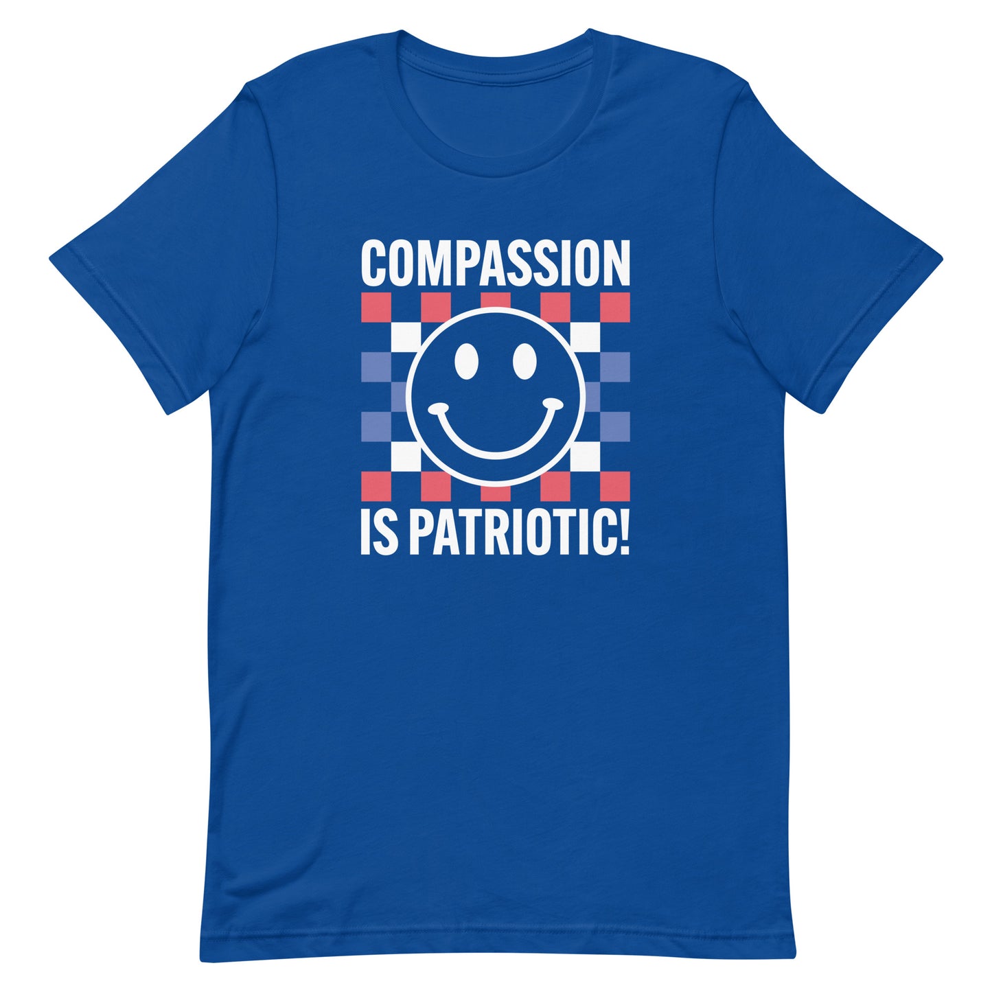 Front view of the Compassion Is Patriotic Smiley Face Unisex T-Shirt in red, white, and blue with a smiley face design.