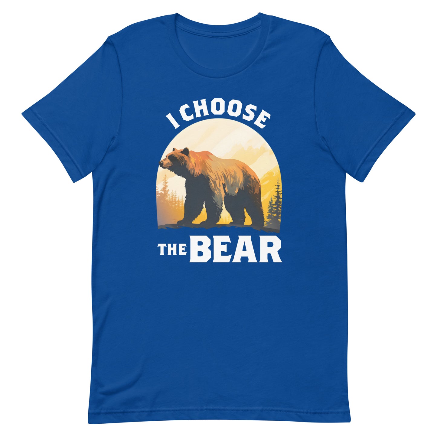 Front View Image: I Choose The Bear unisex T-shirt with a bold bear and mountain illustration.