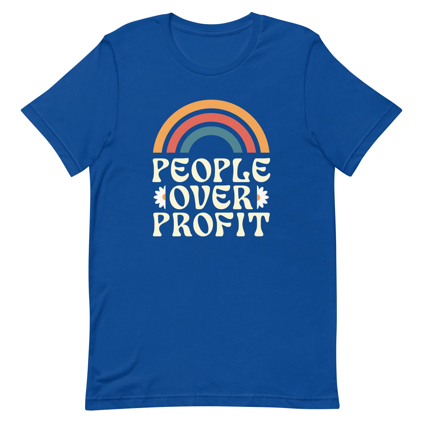 Front view of People Over Profit Economic justice Anti-Capitalism T-shirt with retro rainbow design and anti-capitalism message.