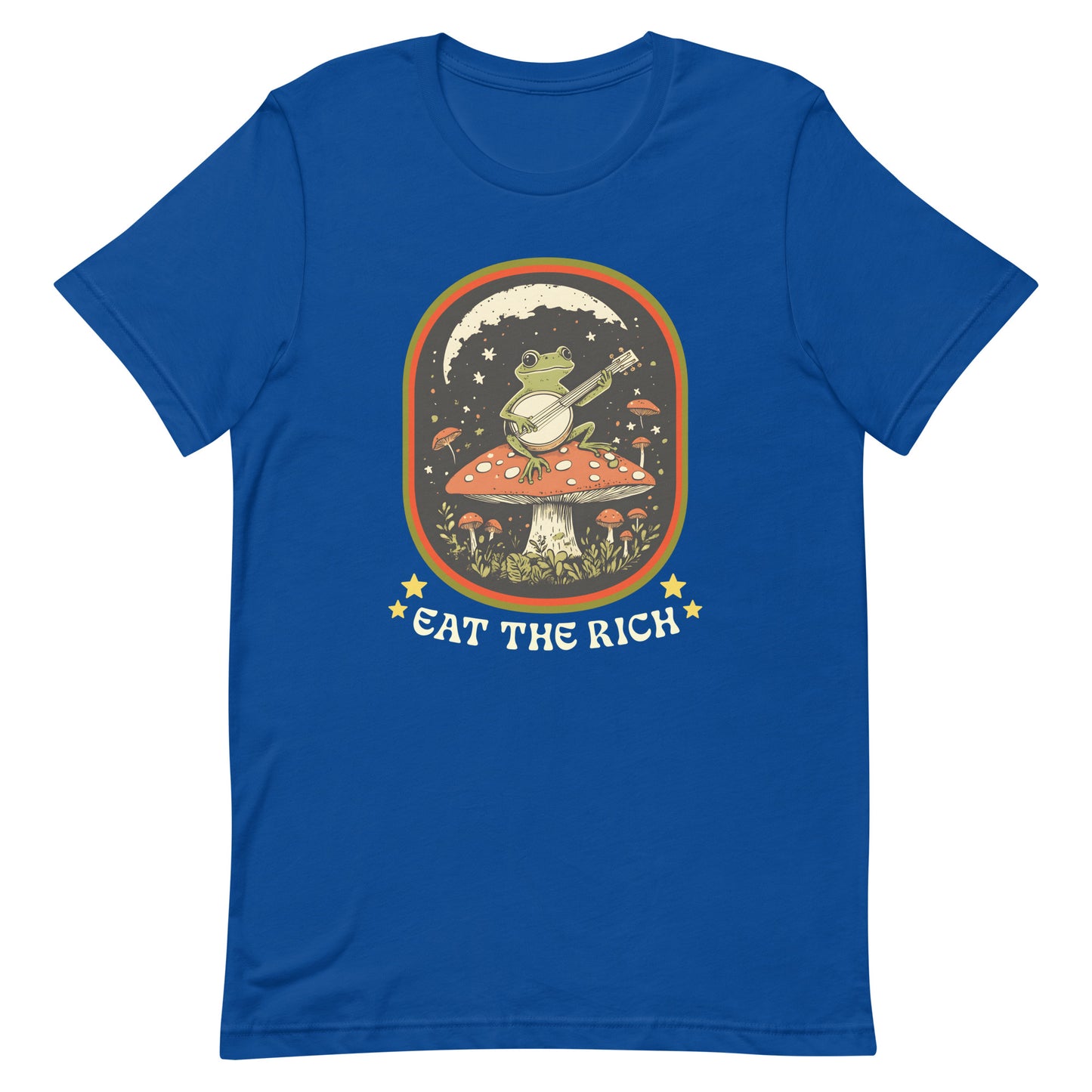 Front view of Eat The Rich Anti-Capitalism Unisex T-Shirt with retro frog design.