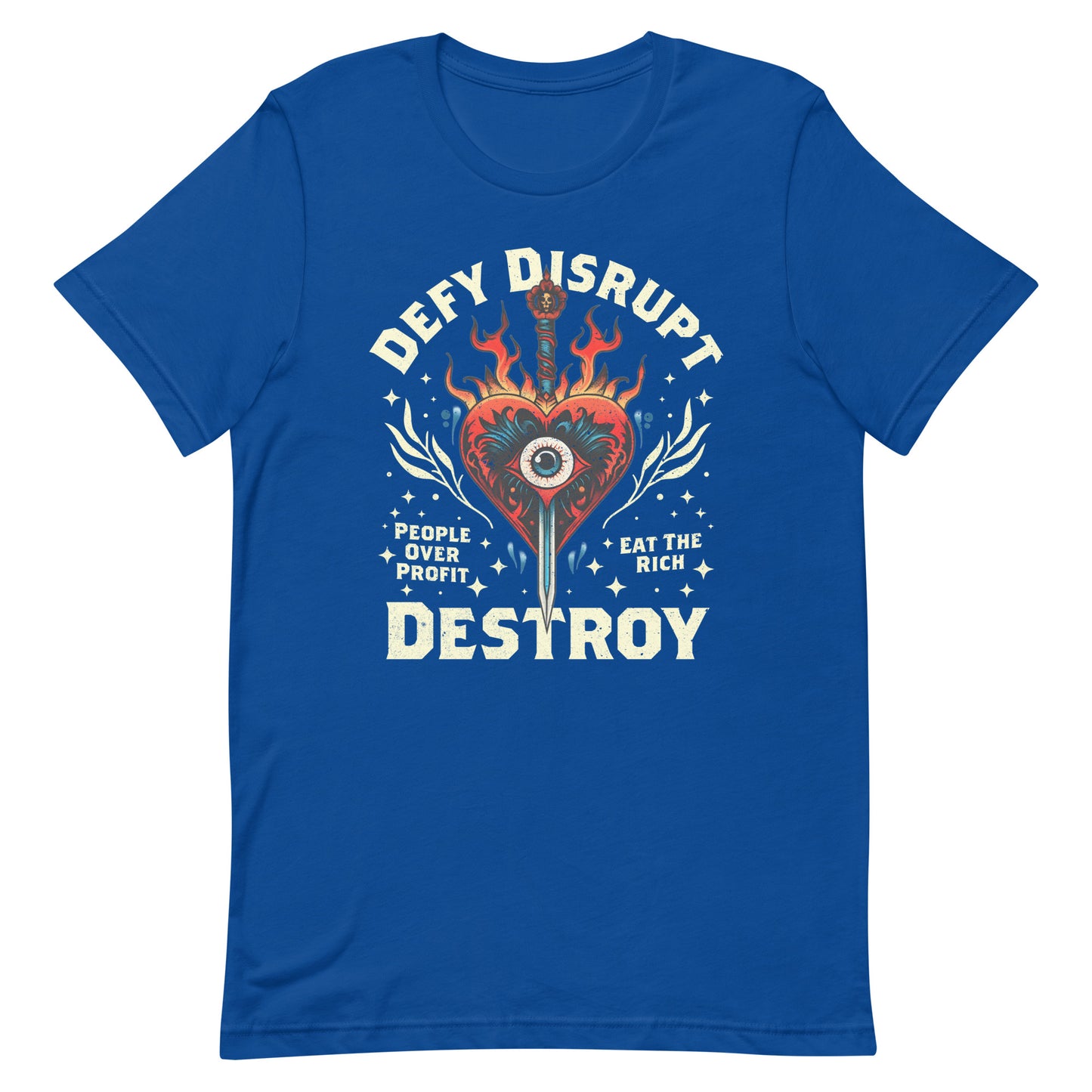 Front View Image: Eat The Rich Anti-Capitalism T-shirt with tattoo-inspired evil heart design, fire, and dagger on a plain background