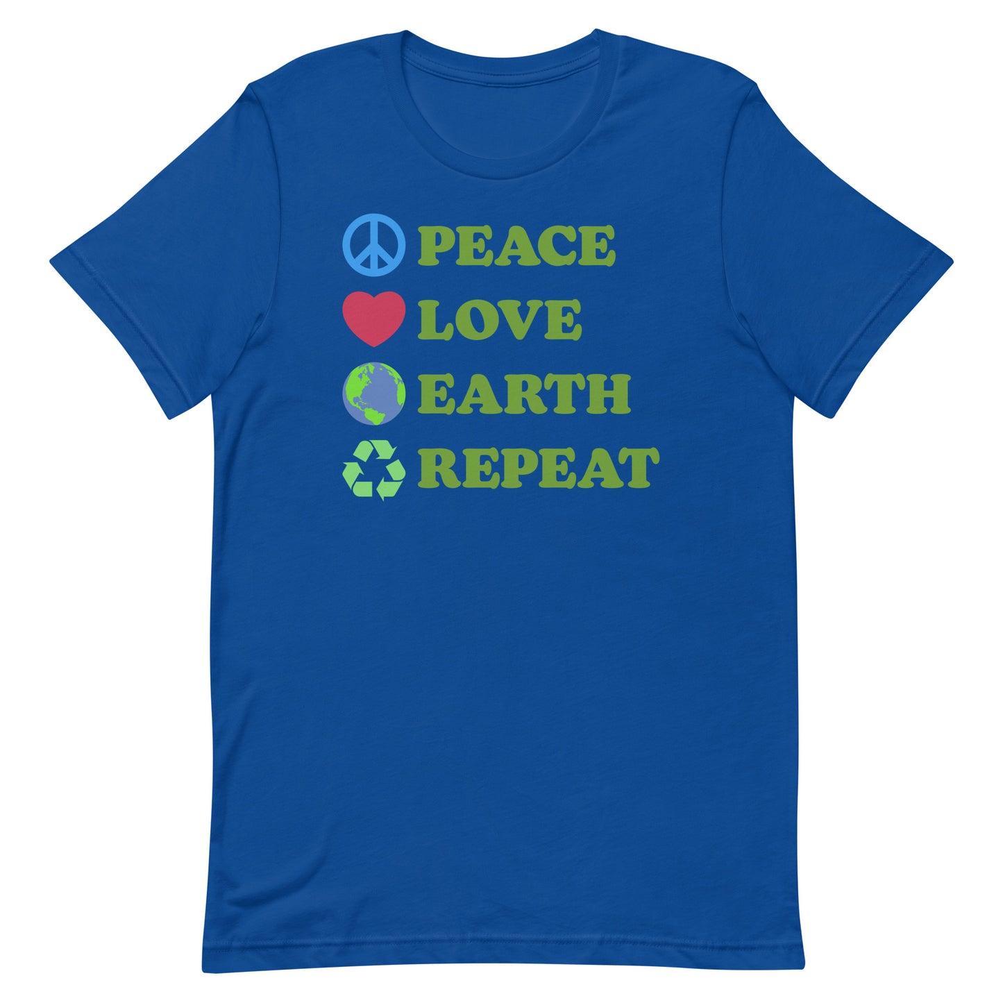 Front View Image: Peace Love Earth Repeat t-shirt displayed flat with full front graphic