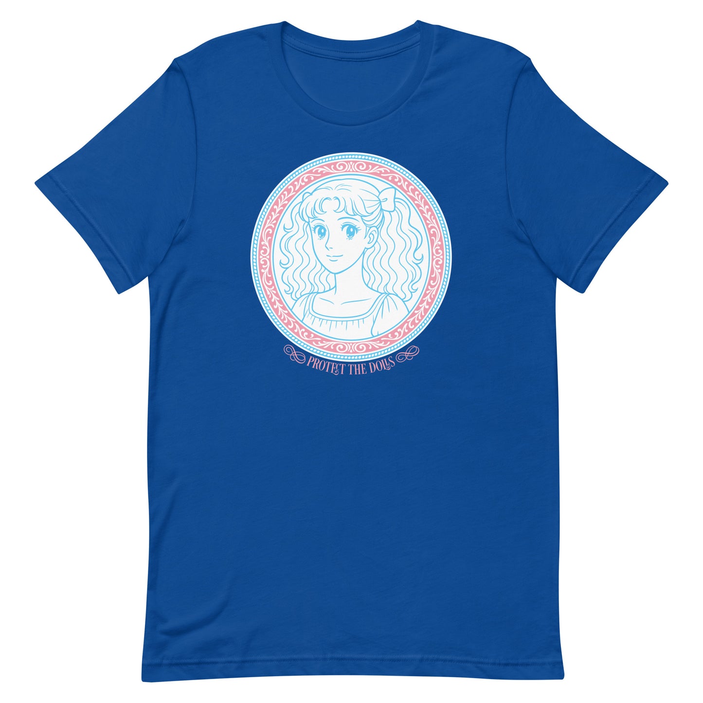 Front View Image: Protect The Dolls t-shirt with trans pride anime-style graphic