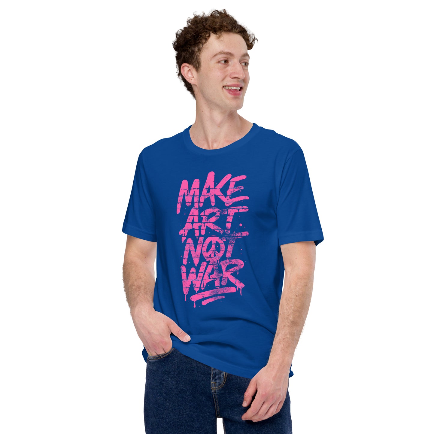 Male protester wearing the Make Art Not War graffiti protest t-shirt with bold pink spray-paint lettering